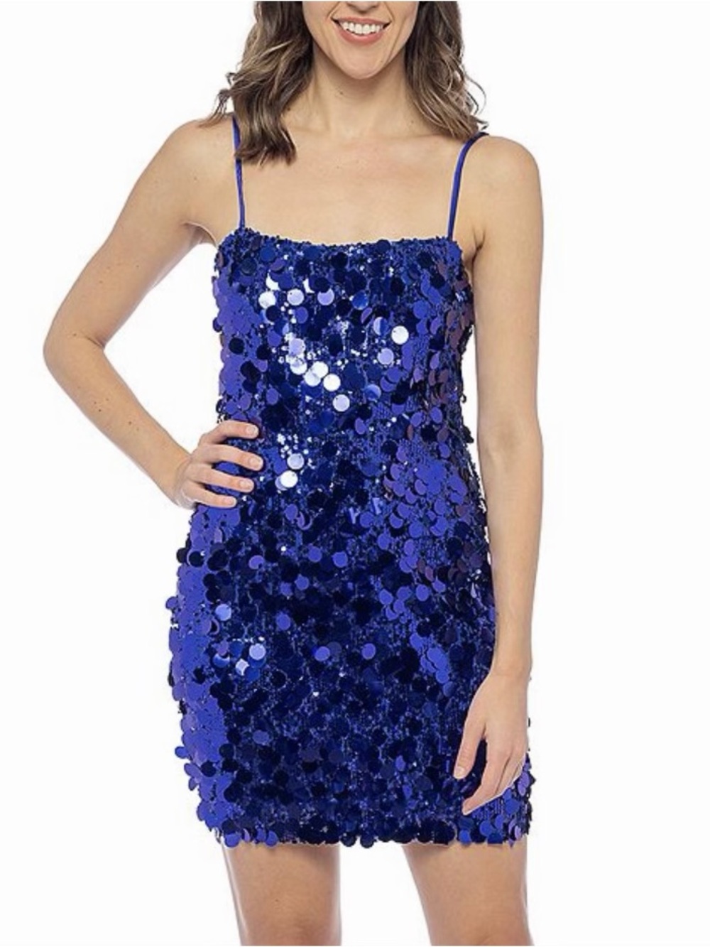 Blue Squareneck Paillette Sequin Sheath Mini Dress